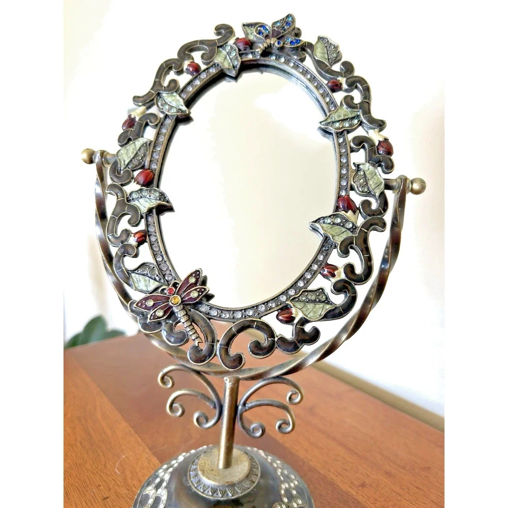 Swivel Enamel Mirror w/Rhinestomes of Flowers & Butterflies-Table Top